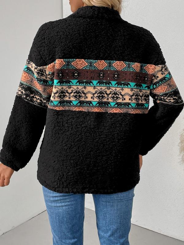 Women's Ethnic Pattern Drop Shoulder Polo Neck Sweatshirt, Casual Long Sleeve Zip Up Jumper for Fall & Winter, Fashion Ladies' Knit Clothing for Daily Wear 1