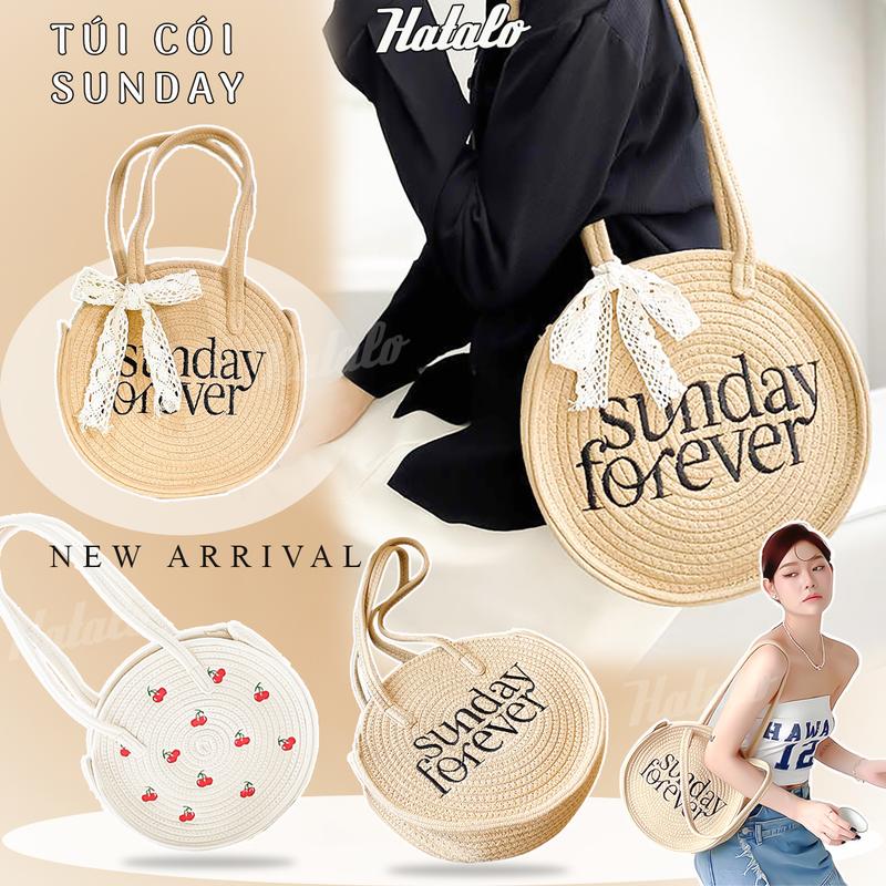 Túi cói Sunday Forever hot trend Túi xách đeo vai nữ phong cách thời trang vintage Bag Nhung túi  cói  có  khoá  kéo