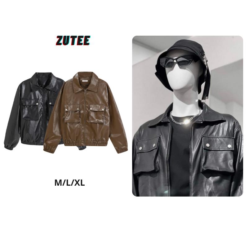 Áo khoác da jacket túi hộp ZUTEE áo khoác dài tay nam nữ unisex Có Túi Menswear Đen