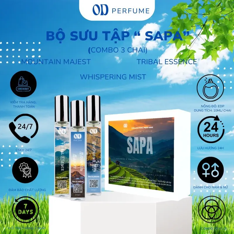Nước hoa unisex OD Perfume - Bộ sưu tập Sapa (3 chai/10ml) dạng xịt lưu hương 24h