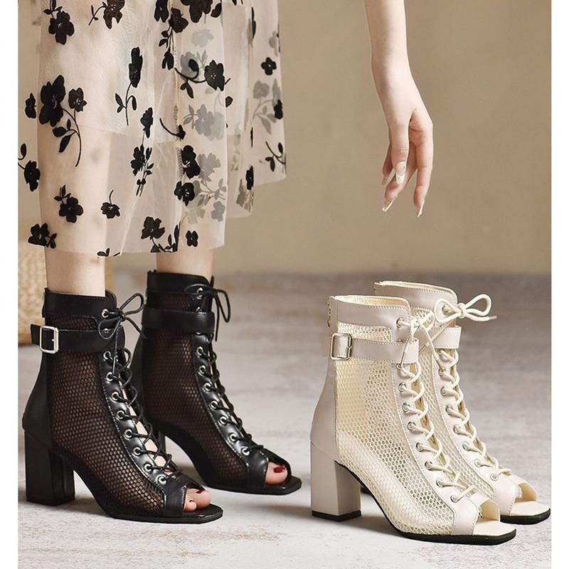 Giày Boots Sandal Lưới Nữ Hở Mũi Giày Boot Khiêu Vũ Giày Cao Gót B027