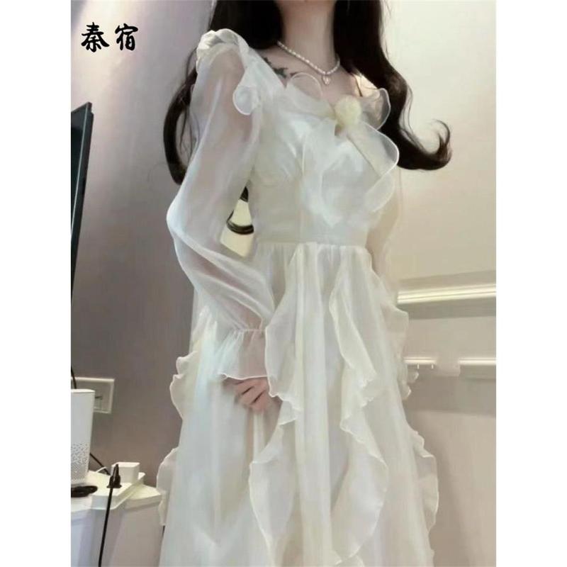 Váy Fufu Sữa, Qin Su, Phong Cách Công Chúa INS, Nơ Ngọt Ngào, Eo Thanh Lịch, Bó Sát, Phồng, Váy Dài Tay, Thời Trang, Dễ Phối Đồ Thanh Lịch 5