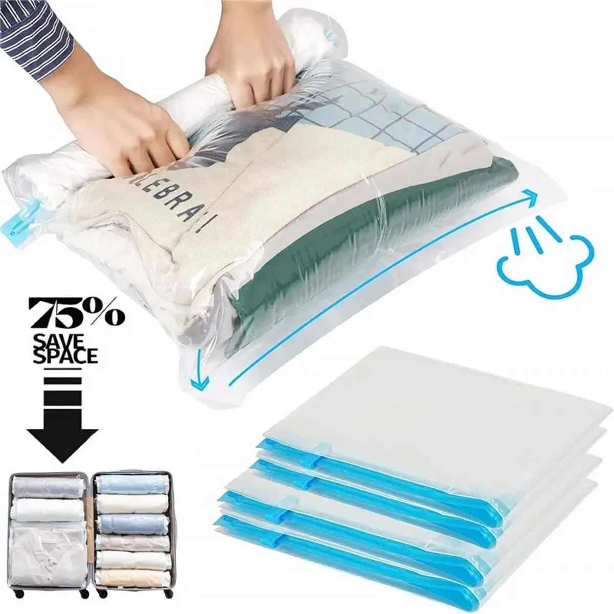4size Clothes Compression Storage Bags Hand Rolling Vacuum Transparent Clothing Packing Bag Space Saving Bag for Home