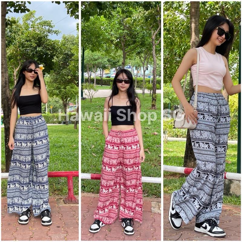 Quần dài suông ống Rộng thổ cẩm hoạ tiết có 2 túi dưới 70kg