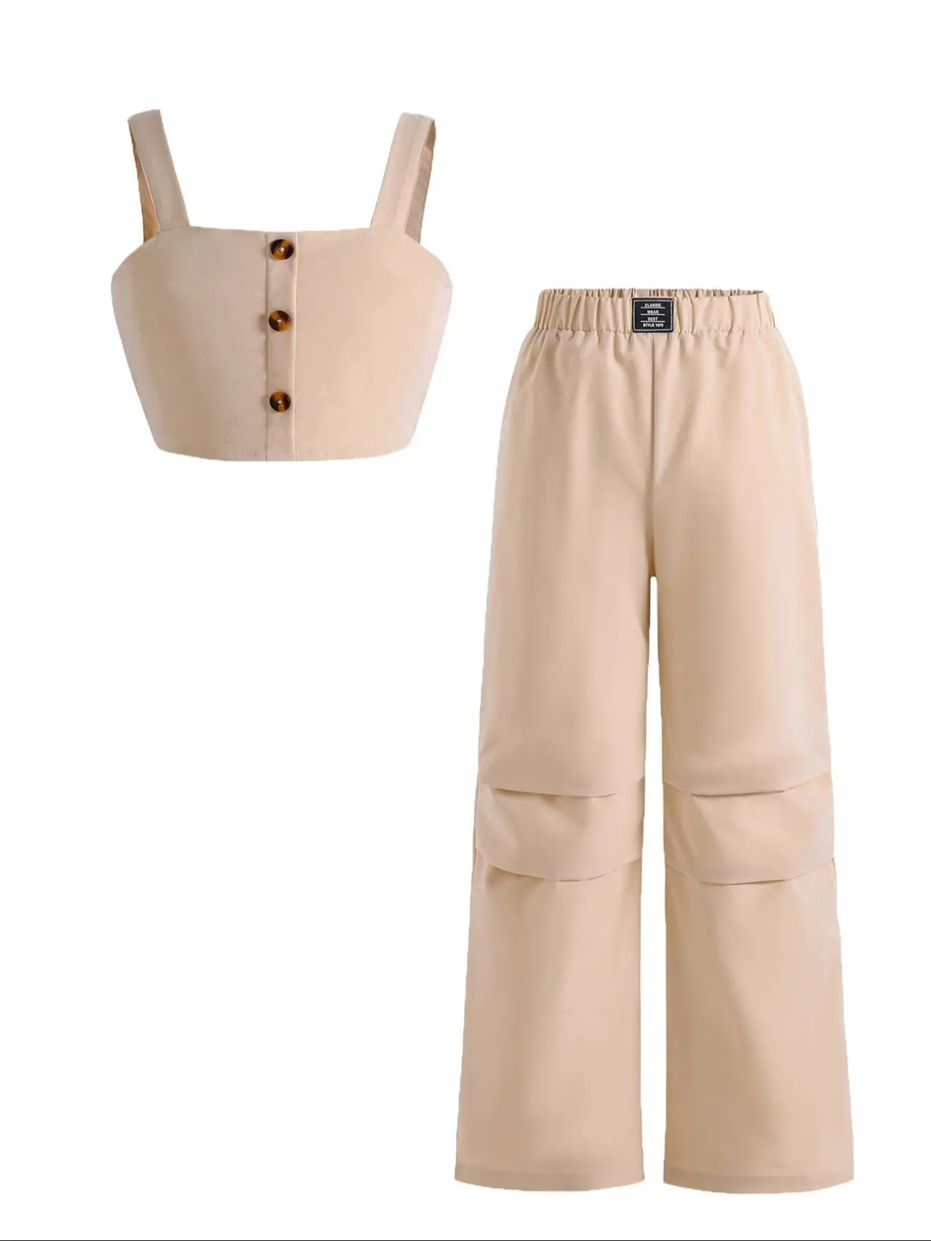 Girl's Solid Crop Tank Top & Wide Leg Pants Two-piece Set, Elegant Fashion Casual Two Piece Outfits for Daily Outdoor Wear, Kids Clothes for Summer