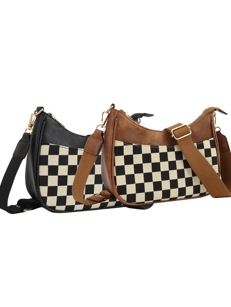 Product Introduction of Women's Checked Pattern Crossbody Bag, Fashionable PU Leather Hobo Bag with Adjustable Strap, Casual Versatile Shoulder Bag for Daily Used 2