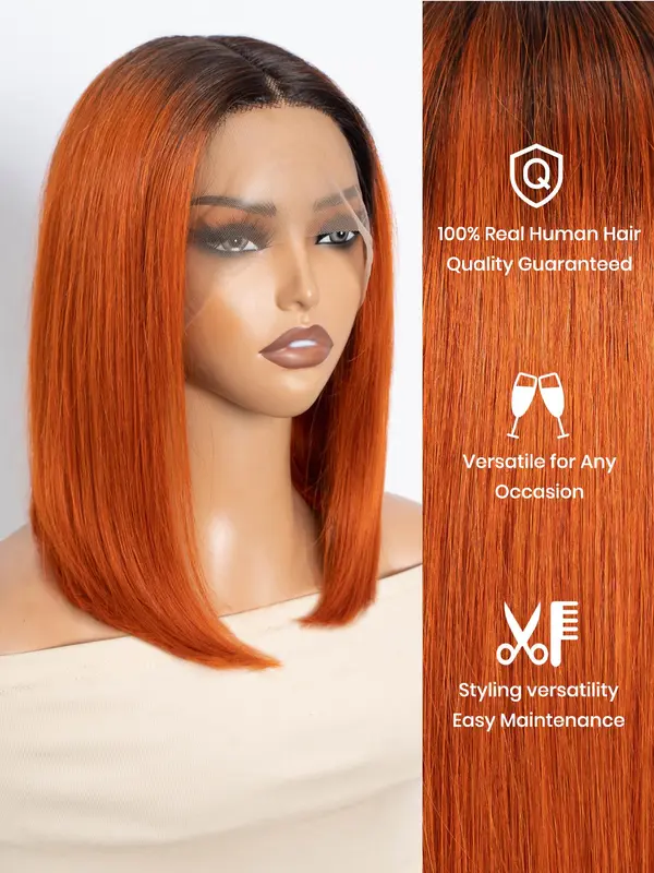 Orange Straight Human Hair Wigs, Glueless T Part Lace Front Wigs, Pre-Plucked Hairline, Natural Looking Wigs for Women 6