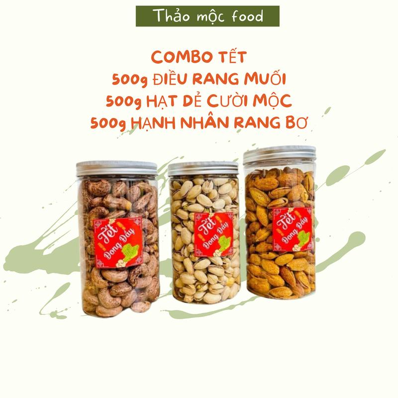 COMBO TẾT [Thảo Mộc Food] :500g điều rang muối, 500g hạnh nhân rang bơ, 500g dẻ cười mộc Ăn Vặt Nuts Snack Hữu cơ Không đường Thức Ăn