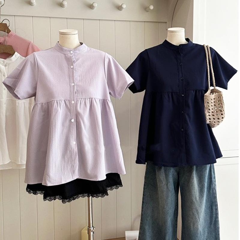 Áo sơ mi babydoll cộc tay cổ tàu Lizin màu pastel xinh xắn Nữ Top Shirt Women Tim