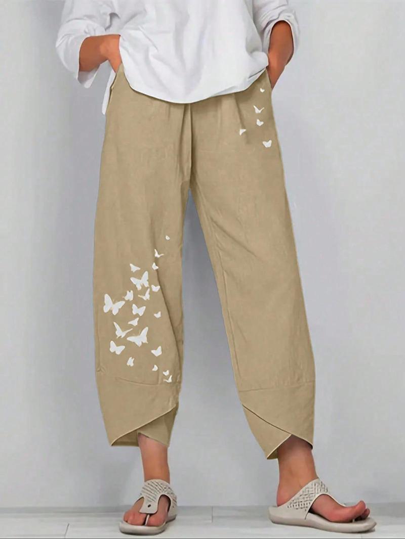 Product Introduction of 【Plus Size】 Butterfly Print Pants, Casual Comfy Trousers for Daily Holiday Vacation Wear, Women's Bottoms for Summer 3