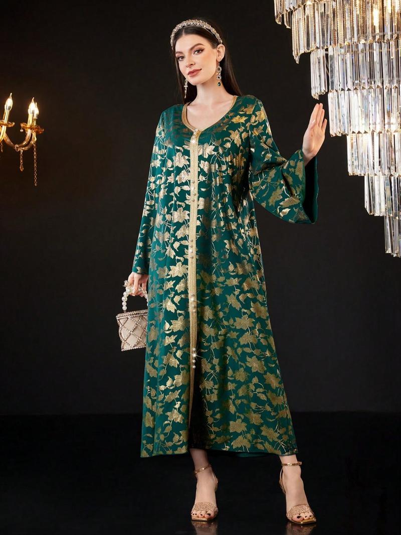 Product Introduction of Women's Floral Print Long Sleeve Dress, Elegant Open Front Maxi Muslim Dress for Party Daily Wear, Ladies Islamic Clothing for All Seasons 4