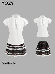 YOZY Two-Piece Set Women's Butterfly Sleeve Tie Neck Blouse & Tiered Layer Skirt, Casual Fashion Cozy Set for Daily Outdoor Wear, Ladies Clothes for All Seasons