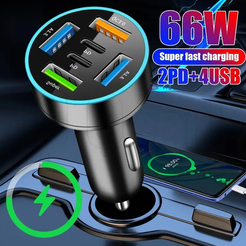 2PD+4USB Fast Charging Car Charger - Automobile Phone Adapter - Car Cellphone Quick Charging Head - Vehicles Universal Type C Phone Charger - 4USB+2Type C Charger Cable Socket