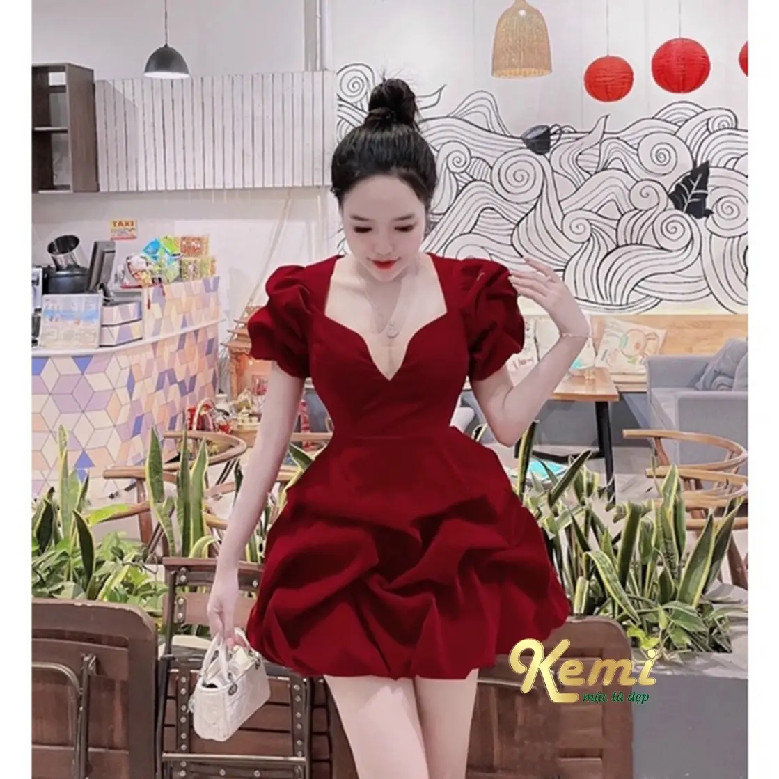 Váy nhung tay bồng xẻ lưới đầm bồng bềnh Kemi dáng tiểu thư công chúa dự tiệc sinh nhật dạo phố Nữ
