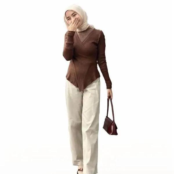Eliza Knit Sweater Wanita V-neck Gaya Korea All-Match Pakaian Wanita Knit Baju Panjang 0