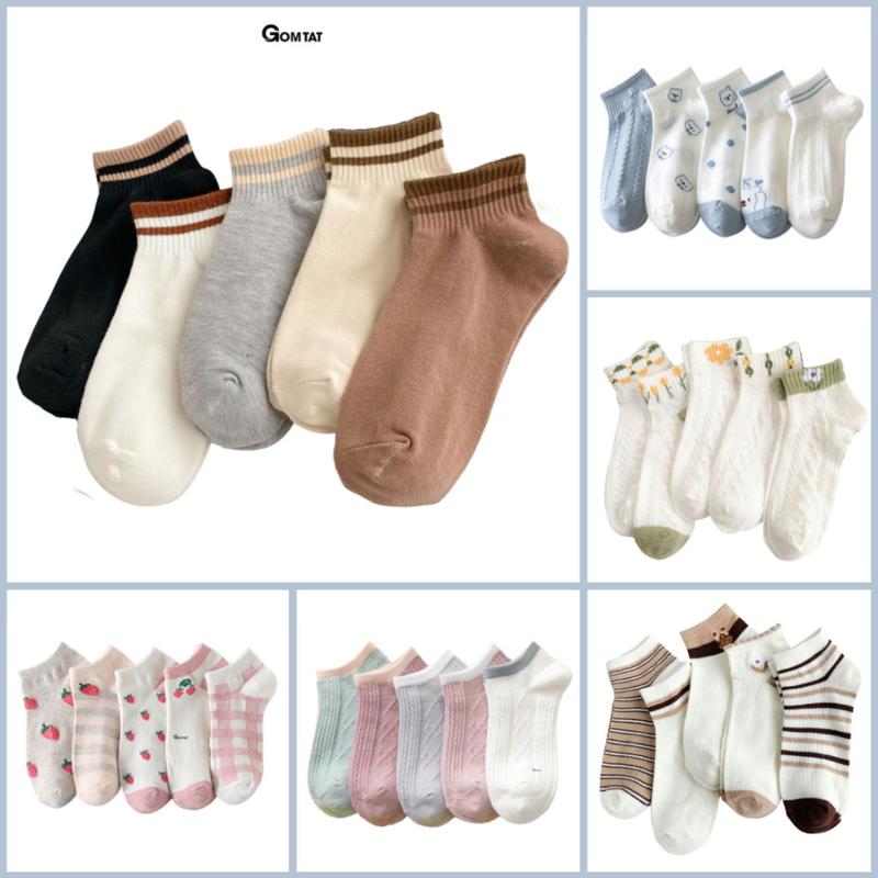 [Mua 3 giảm 5.000đ] GOMTAT - Set 5 đôi tất vớ nữ cổ ngắn mẫu tổng hợp, vớ nữ thấp cổ chất liệu Cotton mềm mại êm chân, mềm mỏng thoáng mát, Voi