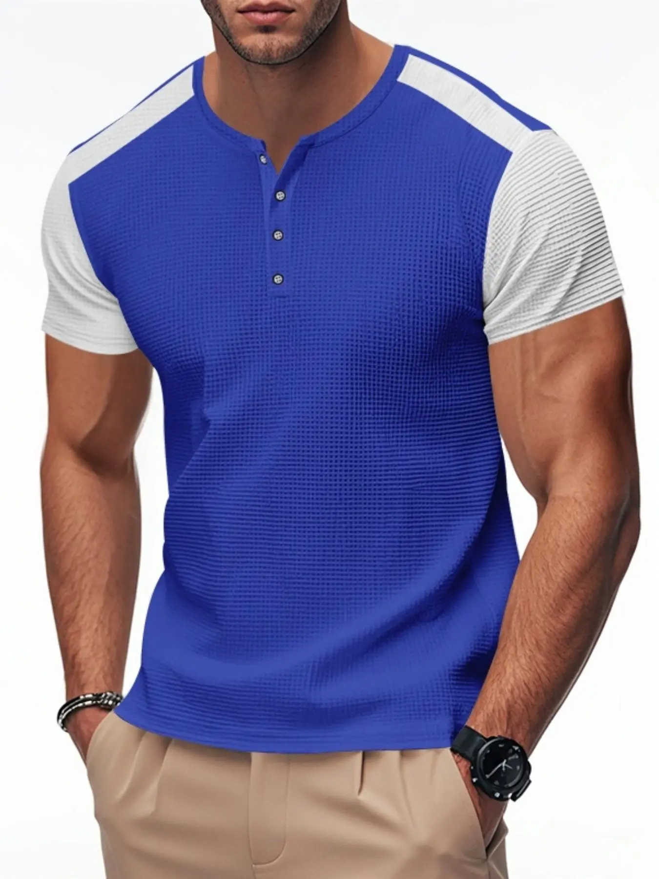 Men's Regular Fit Colorblock Henley Tee, Casual Short Sleeve T-shirt for Summer, Men's Top for Daily Wear