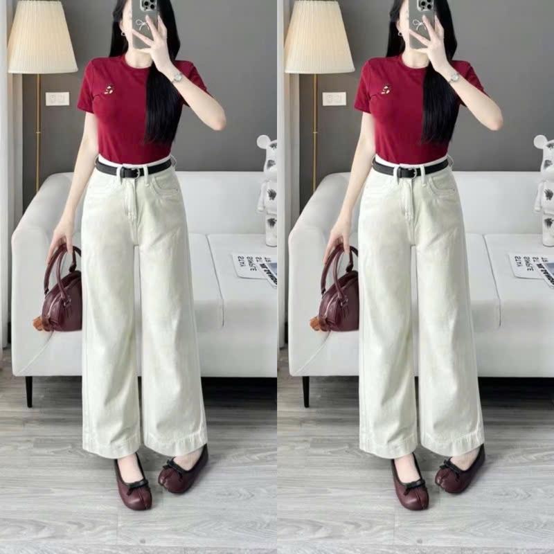 Deal mở bán- Nấm lùn Quần jean nữ nấm lùn 93-94cm túi kiểu màu kem phối đồ xinh