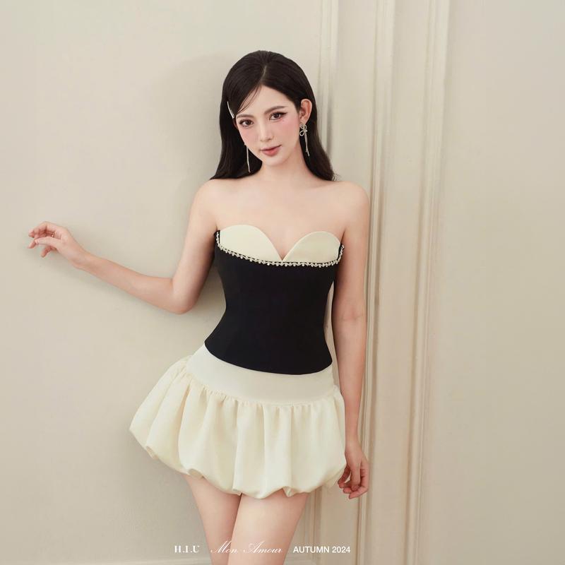  Chân váy ngắn nhún bồng tafta lụa nữ Kina Skirt H.I.U Fashion  thiết kế tối giản 2 lớp kèm lót thanh lịch HIU design 