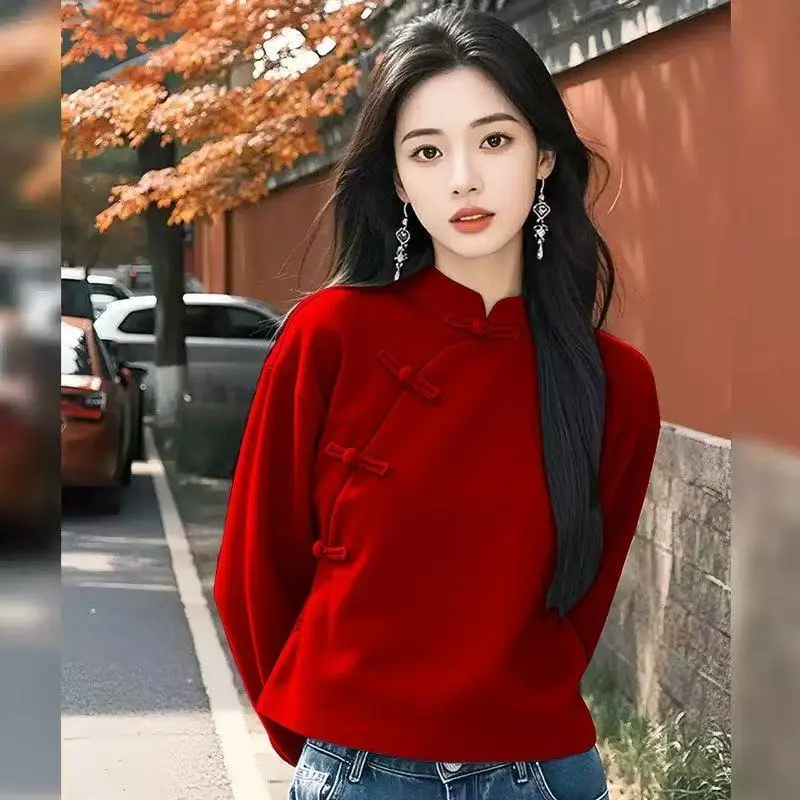 Áo Thun Cổ Điển Dành Cho Nữ, Hàng Mới Về Thu Đông, Phong Cách Trung Quốc, Khóa Chanel, Áo Dài Tay, Che Bụng, Thời Trang, Dễ Phối Đồ, Xu Hướng Năm 2025