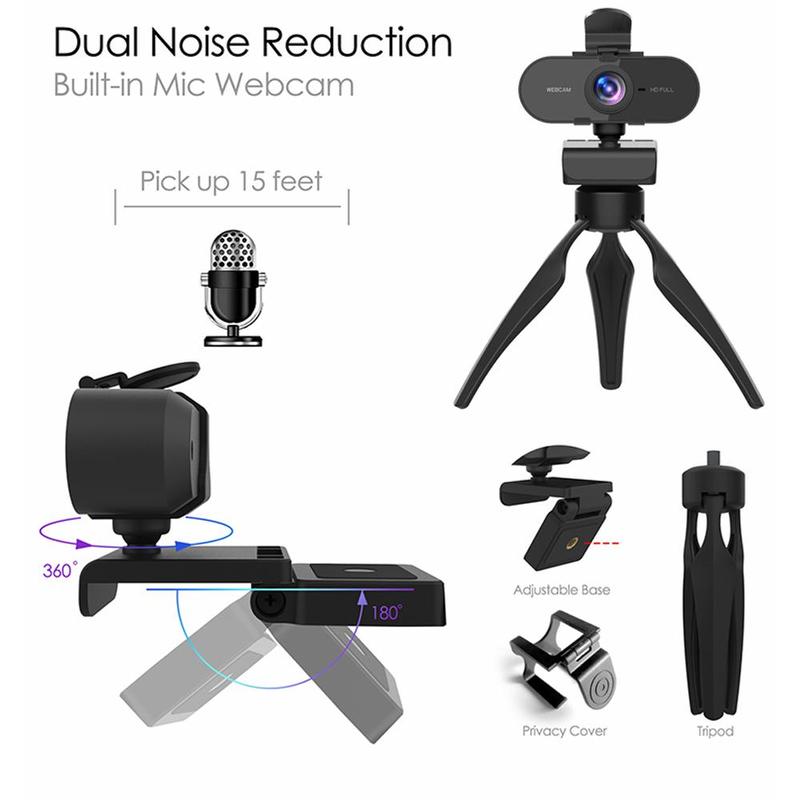 1080P HD Webcam, Computer Webcam, PC Webcam with Built-in Microphone, 360-Degree Rotation Triangle Stand Webcam with Privacy Cover 6