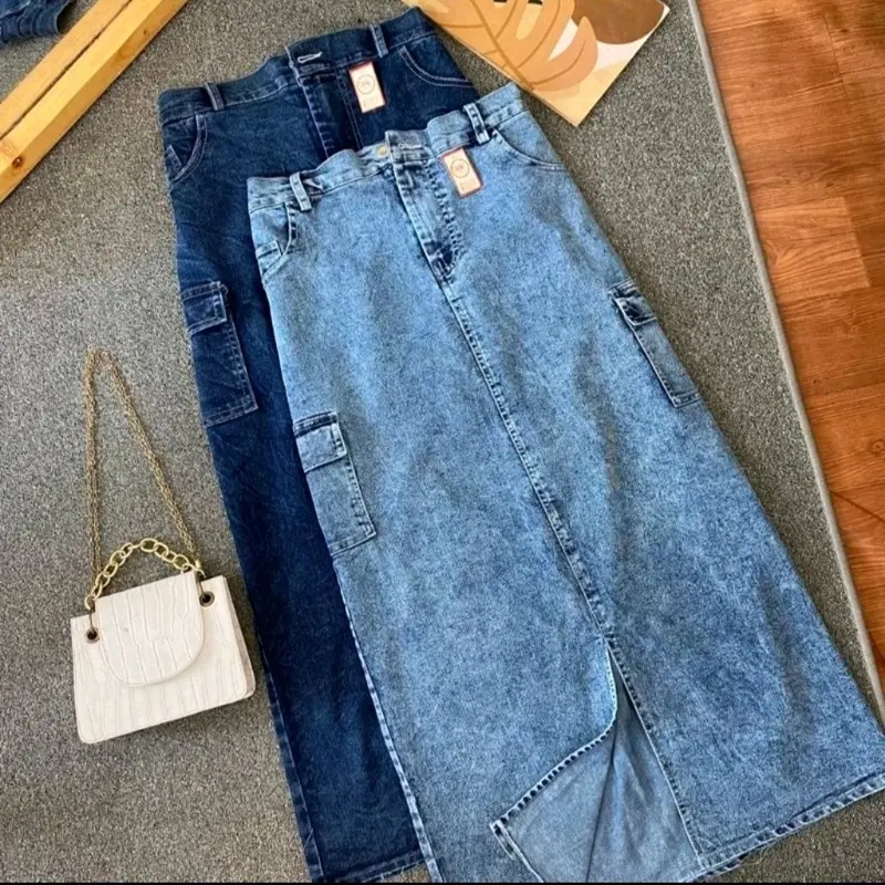 Rok Jeans Wanita Cargo Denim Karet | Rok Cargo Jeans Belah depan Korean Style 3