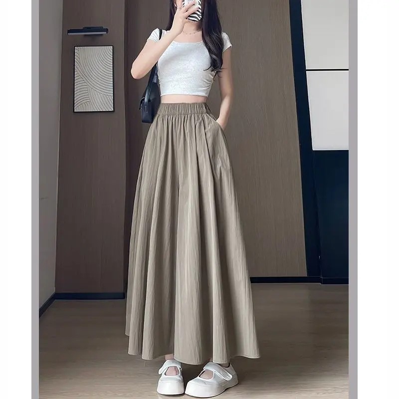 Quần Dài Váy Chữ A, Phong Cách Thường Ngày Lười Biếng, Dành Cho Nữ, Hàng Mới Về Mùa Hè, Cạp Cao Co Giãn, Váy Ôm, Màu Trơn Quần Ống Rộng