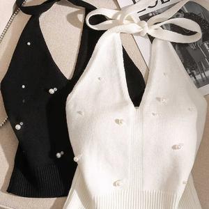 เสื้อกั๊กสายคล้องคอ ทรงสลิมฟิต ลูกปัด เชือกแขวนคอ สำหรับผู้หญิง เปลือยหลัง ดีไซน์ผูกบุคลิกภาพ แขนกุด น่ารักและเซ็กซี่ เสื้อฐาน สาวฮอต