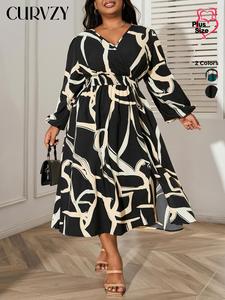CURVZY Plus Size All Over Print Shirred Wrap V Neck Dress, Elegant Bishop Sleeve A Line Dress for Daily Outdoor Wear, Women Clothing for All Seasons, Plus Size Dresses