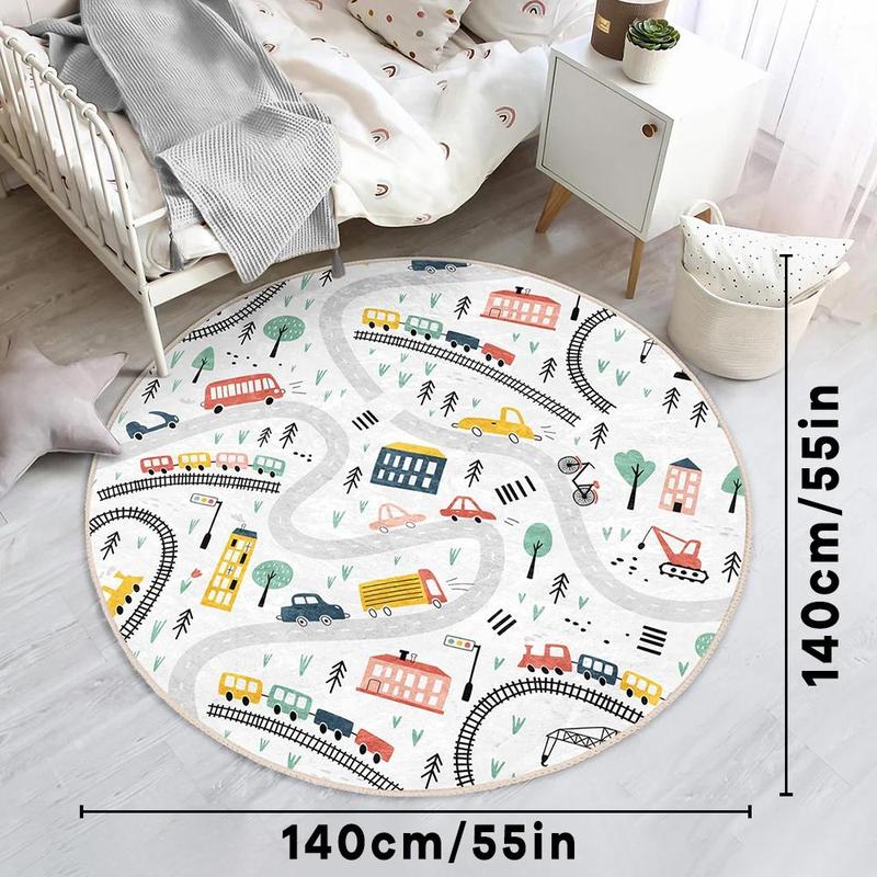 Product Introduction of Cartoon City Track Pattern Round Rug, 1 Count Comfortable Soft Round Carpet, Decorative Area Rug for Home Living Room Bedroom 2
