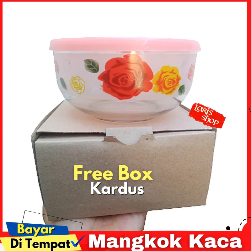 Mangkuk Kaca Bulat Motif Bunga Tutup Plastik