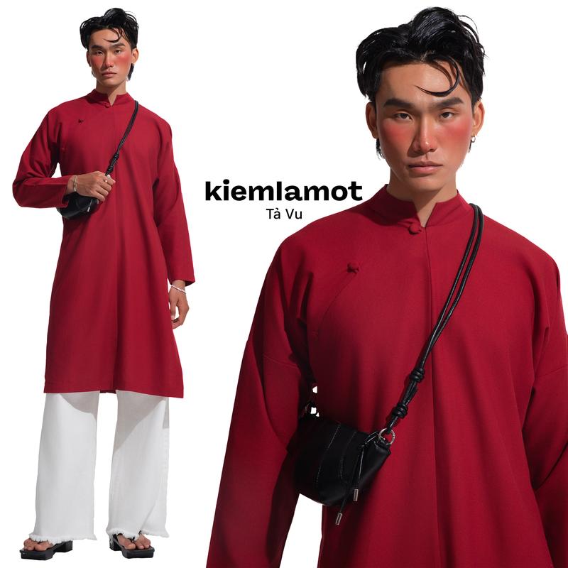Áo dài ngũ thân Kiếm Là Mốt Tả Vu màu đỏ đô vải linen không bao gồm quần áo dài tết - Menswear