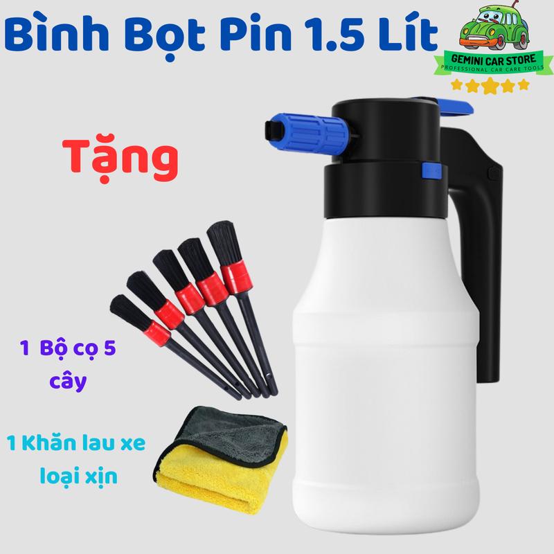 Bình tạo bọt điện, Bình tạo bọt rửa xe chạy Pin. Sạc bằng cổng Type-C. Dung tích 1.5 Lít. Tặng bộ chăm sóc xe cao cấp máy  tạo