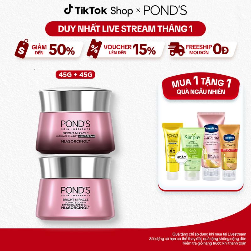 1 Bộ Skincare 2 Kem Dưỡng Da Pond's Bright Miracle Đa Tầng Ngày & Đêm Với 50X Niasorcinol Hỗ Trợ Chăm Sóc Da Ngăn Vấn Đề Thâm Sạm 45Gx2 Nữ