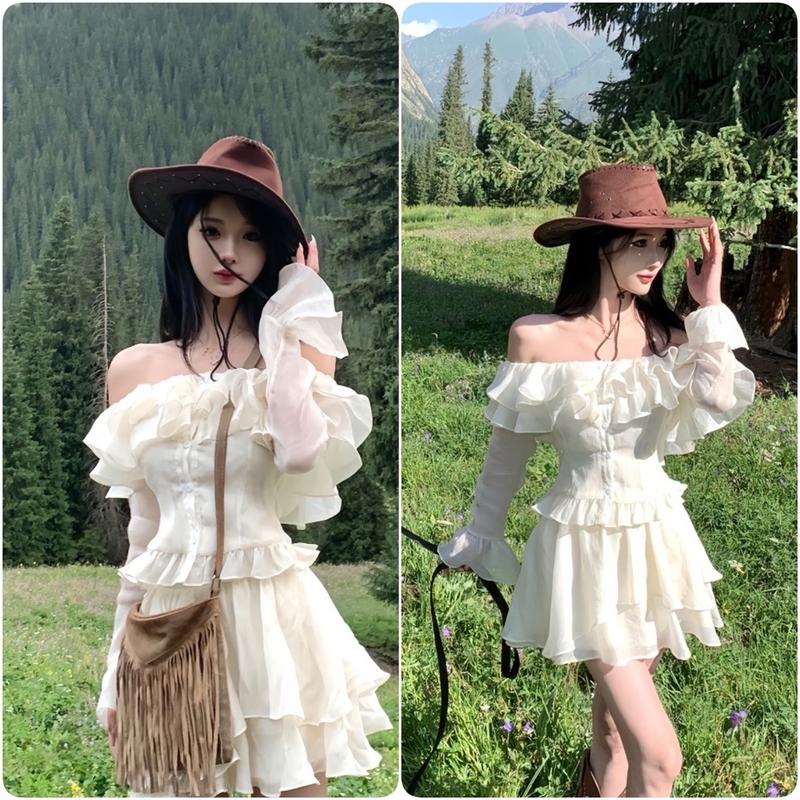 Sét Váy Gồm Áo Trễ Vai Tơ Mềm Bánh Bèo + Chân Váy Xoè 2 Tầng Màu Kem