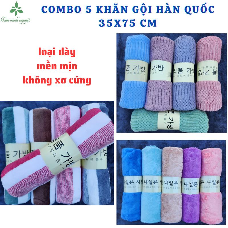 Combo 5 khăn gội đầu Hàn Quốc: tắm, gội đầu, lau tóc 35x75: loại dày, mềm mịn, siêu thấm hút, không ra lông Khăn Tắm Nhà Tắm