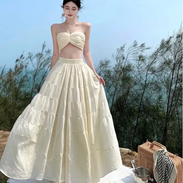 Sét váy nữ maxi đi biển du lịch áo kiểu cổ yếm kèm chân váy nữ Top vaynu hot đầm body 3