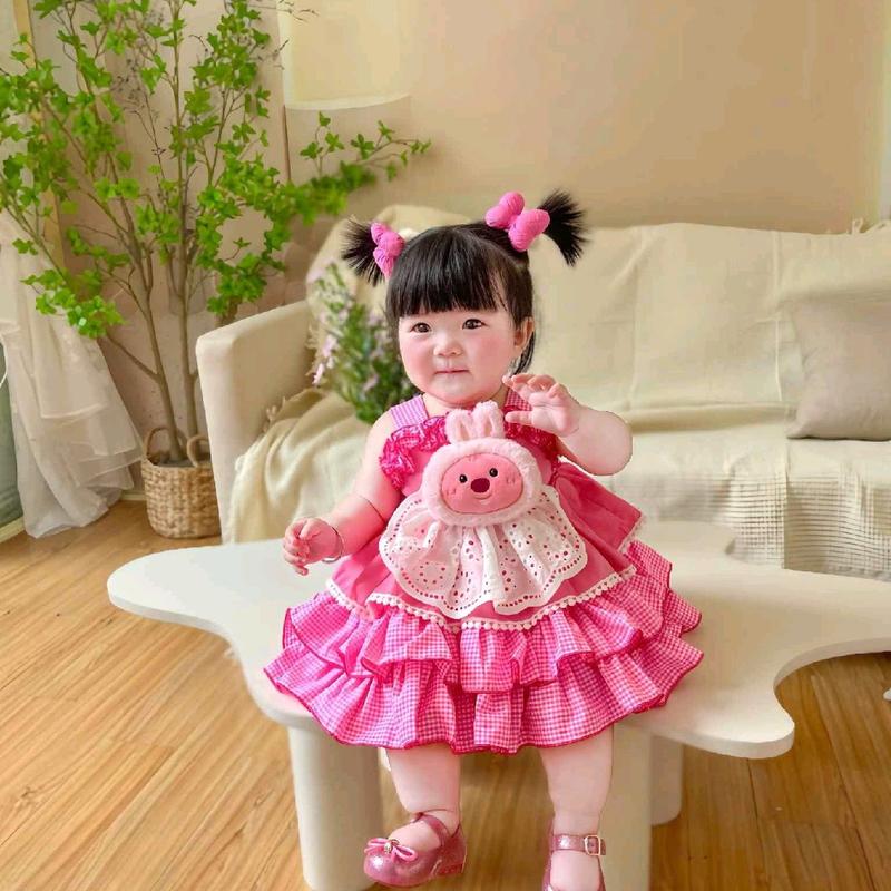 đầm lolita 3 tang màu hồng , thỏ chất thô cotton cho bé từ 5kg đến 20kg Vải Cotton 1