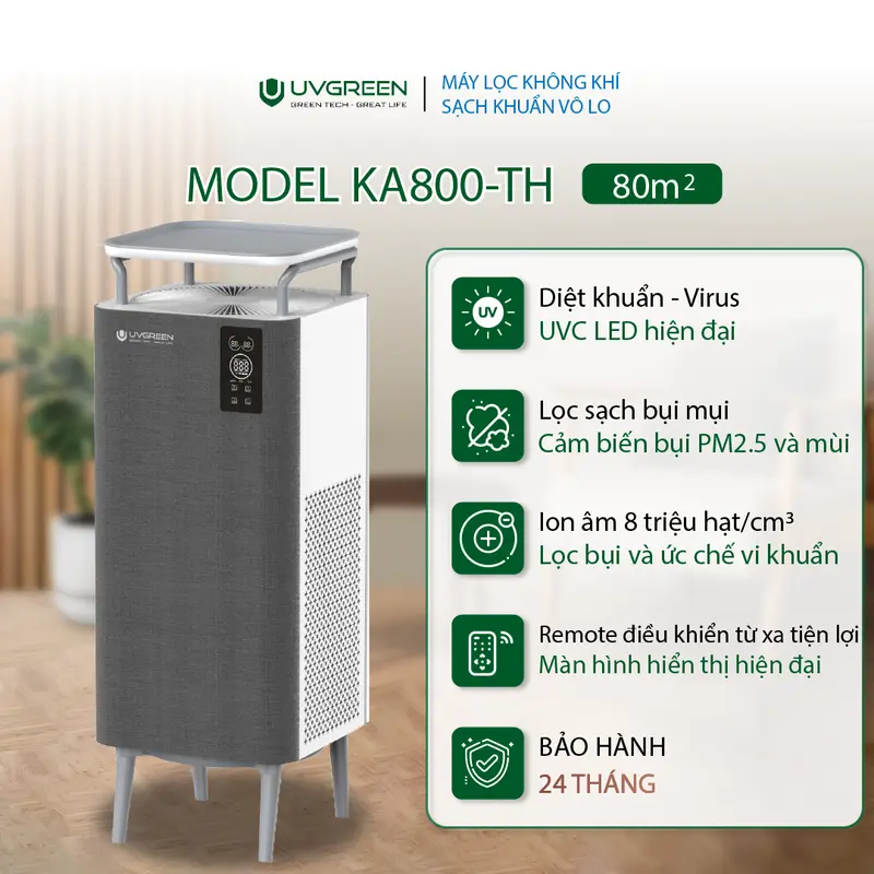[UVG] [TẶNG LỌC] Combo 2 Máy Lọc Không Khí Diệt Khuẩn UVGREEN KA800-TH 80m2 - Công Nghệ UVC LED và Ion âm, Lõi HEPA H13 Lọc Sạch Bụi Mịn, Mùi Hôi, Khói, Lông Tóc - Bảo hành chính hãng 24 tháng. 1