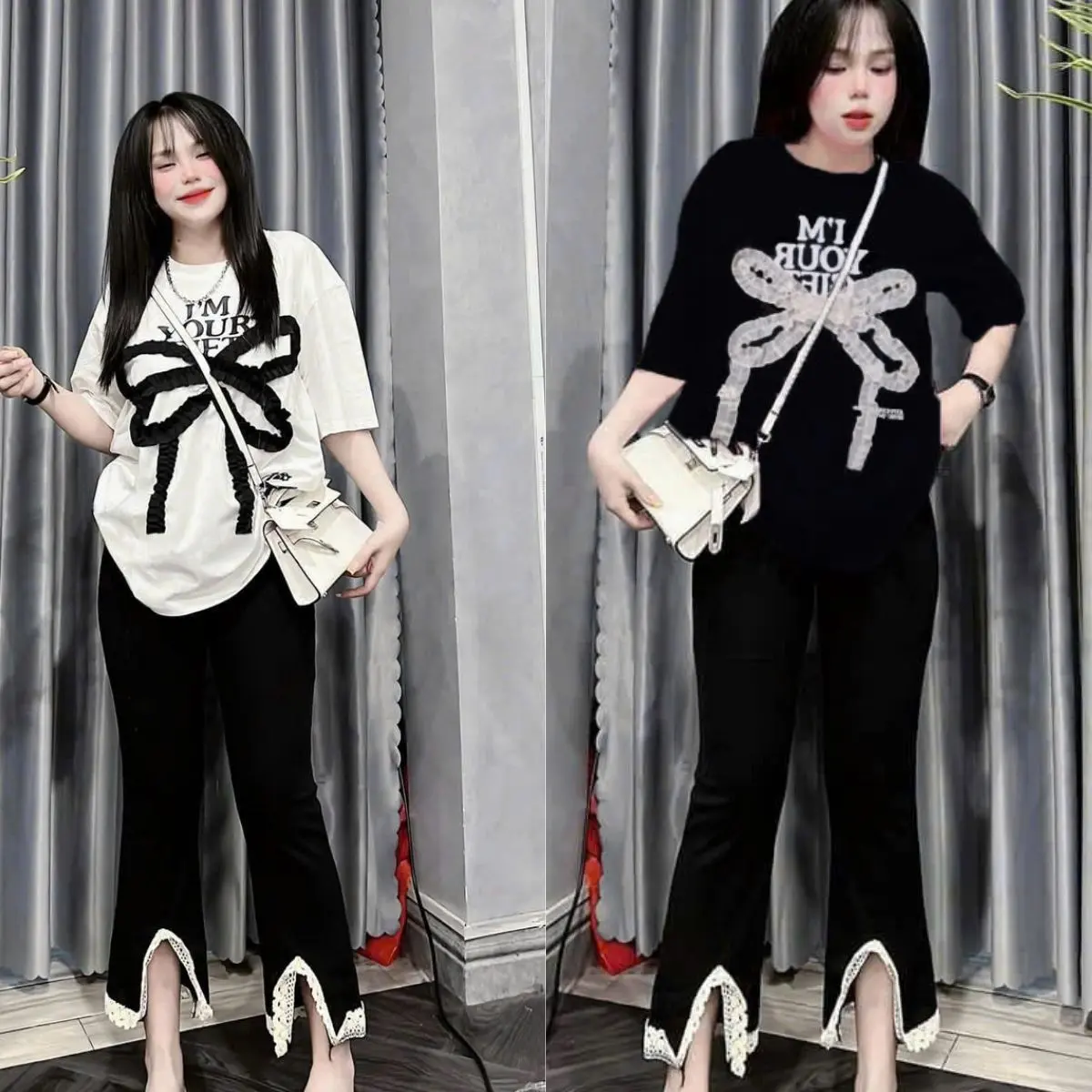 Đồ Bộ Nữ Mặc Nhà Bigsize Quần Ống Loe 9 tấc Áo tay ngắn phối nơ ren ESHOP Đồ mặc nhà dễ thương đi chơi đẹp mặc nhà thoải mái dễ thương Top áo Thun Ong