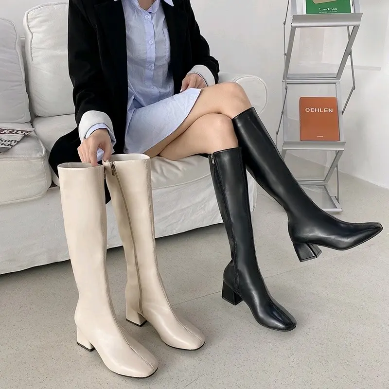 Bốt đùi nữ đế vuông boots da mềm lót lông đế cao 5cm 0