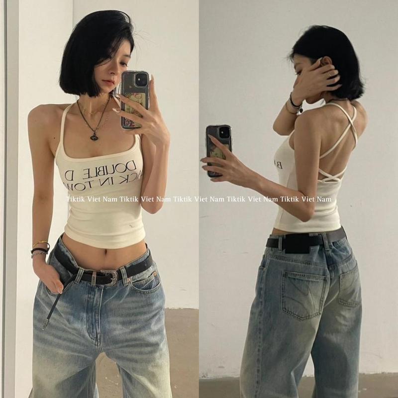 (SẴN) Áo croptop 2 dây cổ yếm đan chéo sau hở lưng hoạ tiết chữ chất thun cotton co giãn thoáng mát màu be - Tiktiik