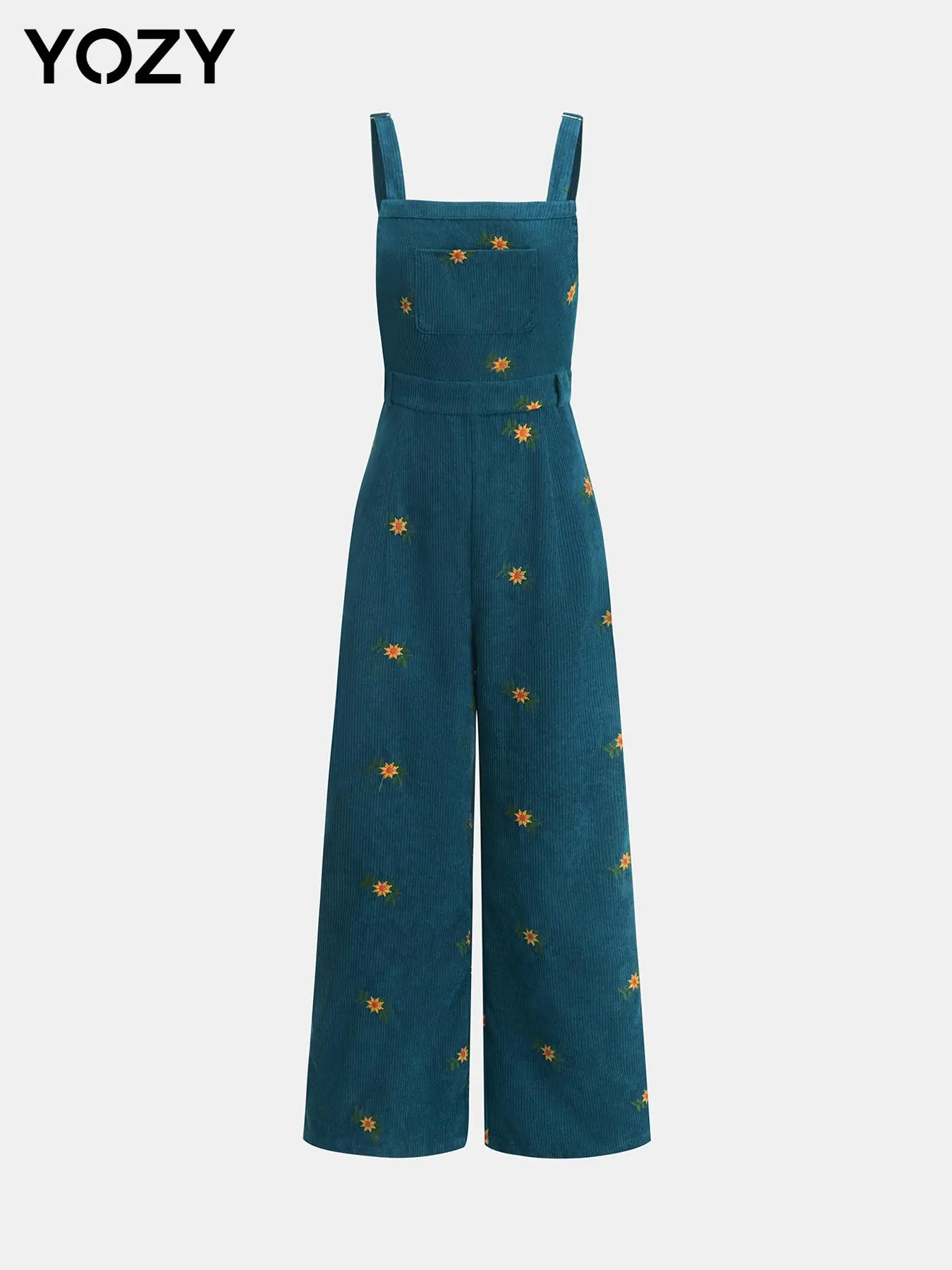 YOZY Women's Floral Embroidery Pocket Overalls Jumpsuit, Casual Sleeveless Zipper Jumpsuit for Daily Wear, Ladies Clothes for All Seasons, Dungarees