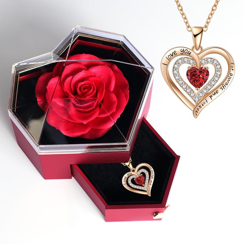 Boyfriend Gifts Artificial Rose Design Necklace with Gift Box & Gift Bag Set, 1 Count Artificial Flower Decor Heart Shaped Necklace Gift Set for Women 8