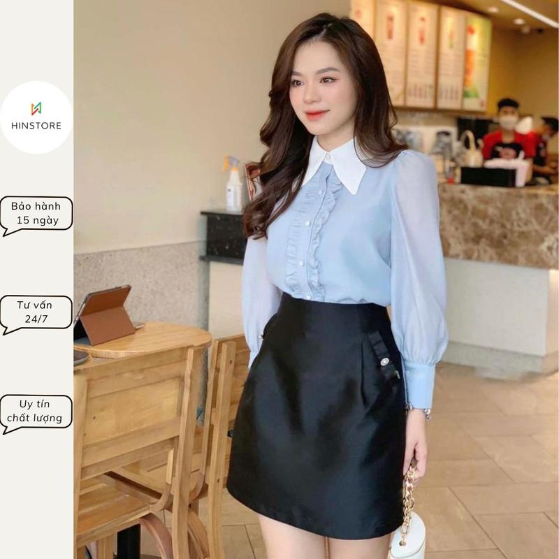 Áo sơ mi công sở nữ HINSTORE tơ xước phối cổ hình bướm cúc ngọc 178 dài tay Women Top