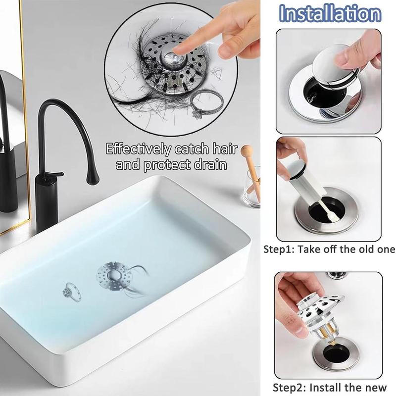 Bathroom Sink Drain Stopper, 3-in-1 Pop Up Tub Drain Hair Catcher, Drain Cover with Strainer for 1-3/8 To 2in Bath Drain Hole 2