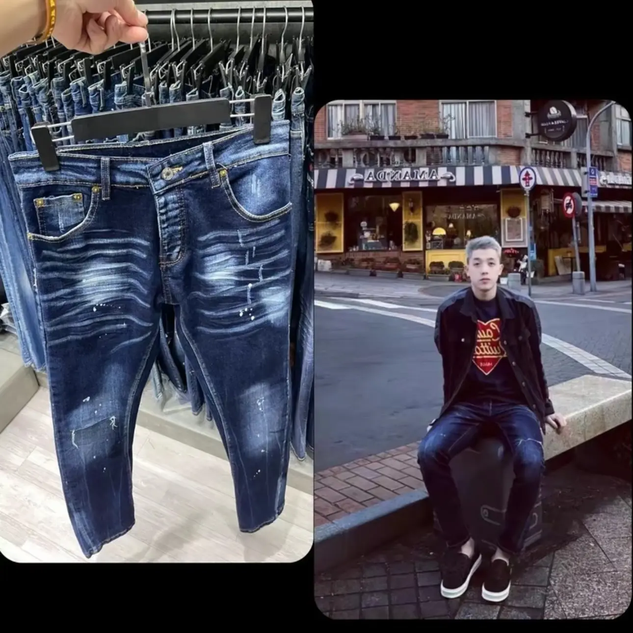 quần jean màu xanh rách nhẹ ở gối fom ôm côn cao cấp Pants Menswear