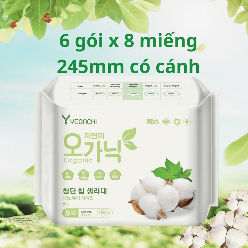 6 gói Băng vệ sinh Yeonchi Organic ban ngày 245mm có cánh băng vệ sinh Hàn Quốc an toàn dịu nhẹ