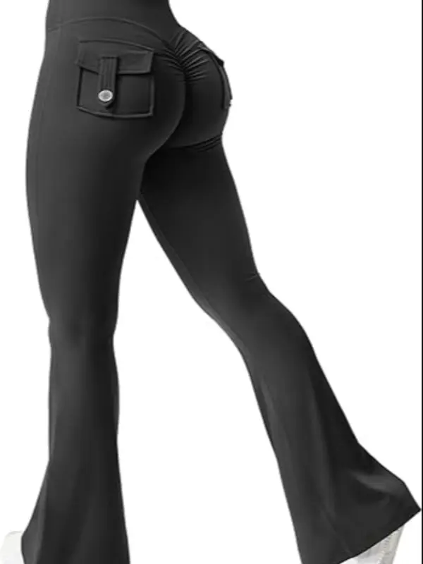 【Plus Size】 Solid Pocket Flare Leg Pants, Elegant Comfy Bell Bottom Trousers for Daily Outdoor Wear, Women's Bottoms for All Seasons 1