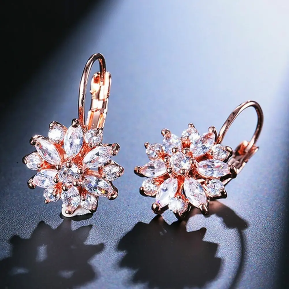 Cubic Zirconia Inlaid Sunflower Dangle Leverback Earrings Chic Lady Jewelry Gift